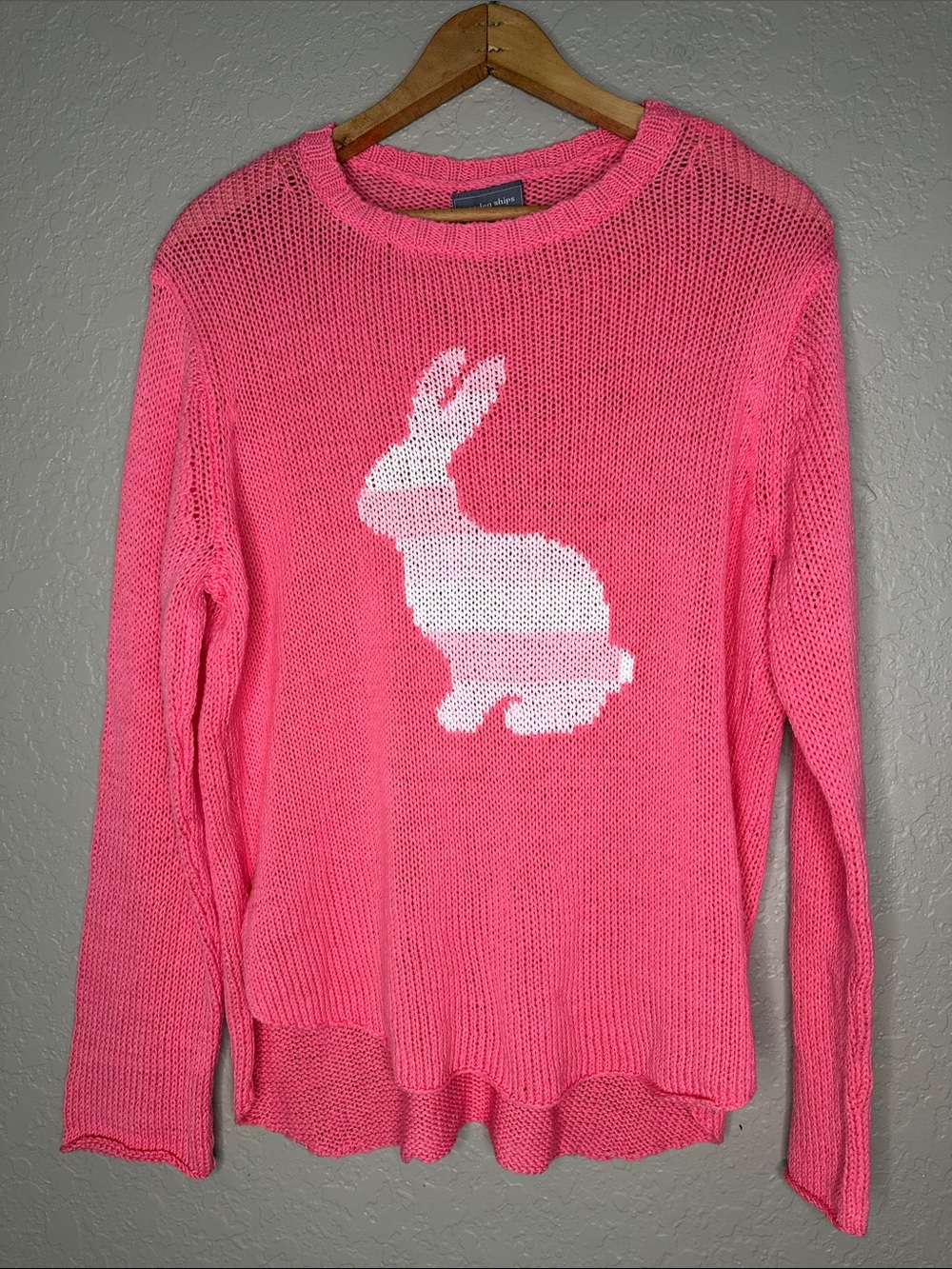 Wooden Ships pink open-knit bunny crewneck sweater